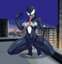 alien animated animated_gif bouncing_breasts breasts cityscape genderswap long_tongue marvel she-venom spider-man_(series) squatting tongue tongue_out venom_(marvel) waifu_pixel_art