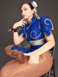 Rule 34 | 1girl, 3d, brown eyes, capcom, chinese clothes, chun-li, covered erect nipples, double bun, feet, hair bun, highres, koupantyhose, long hair, pantyhose, parted lips, smile, soles, steam, street fighter, toes