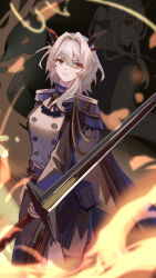 Rule 34 | 1girl, absurdres, alina (arknights), arknights, ascot, black ascot, breasts, cowboy shot, dragon girl, dragon horns, epaulettes, falseartstu, fire, grey hair, hair between eyes, highres, holding, holding sword, holding weapon, horns, long sleeves, looking at viewer, medium hair, official alternate costume, small breasts, solo, sword, talulah (arknights), talulah the fighter (arknights), v-shaped eyebrows, weapon