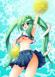 Rule 34 | 1girl, alternate hairstyle, arm up, armpits, breasts, cheerleader, female focus, frog, green hair, kochiya sanae, large breasts, long hair, midriff, mishaguji, navel, no bra, no panties, open mouth, osashin (osada), outstretched arm, pom pom (cheerleading), smile, snake, solo, star (symbol), starry background, touhou, twintails, underboob, yellow eyes