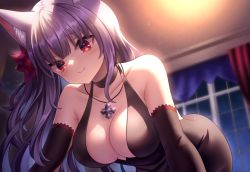 Rule 34 | 1girl, animal ears, black dress, black gloves, blush, breasts, curtains, dress, elbow gloves, flower, gloves, hair flower, hair ornament, highres, indoors, jewelry, kamishiro natsume, large breasts, looking at viewer, melty+, neit ni sei, night, pendant, purple hair, red eyes, smile, solo, symbol-shaped pupils, virtual youtuber, window