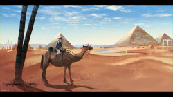 Rule 34 | 1girl, advarcher, blue hair, camel, child, cloud, day, desert, egypt, gawr gura, great pyramid of giza, highres, hololive, hololive english, letterboxed, light blue hair, palm tree, pyramid, pyramid (structure), river, scenery, signature, sky, solo, tree, virtual youtuber