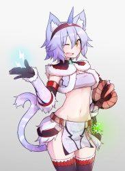 Rule 34 | 1girl, absurdres, animal ears, armor, bandeau, blue hair, blush, breasts, cat ears, cat tail, cleavage, commentary, commentary request, elbow gloves, facial scar, fang, fur, fur trim, gloves, gradient background, groin, hairband, highres, horns, kirin (armor), large breasts, loincloth, looking at viewer, mane, midriff, monster hunter, monster hunter: world, monster hunter (series), one eye closed, open mouth, orange eyes, original, ryota tentei, scar, scar on cheek, scar on face, short hair, single horn, solo, strapless, tail, thighhighs, tora tentei, tube top
