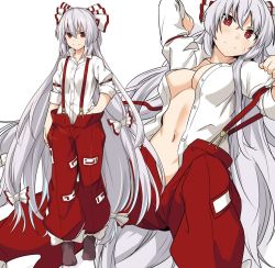 Rule 34 | 1girl, bow, breasts, cleavage, closed mouth, commentary request, fujiwara no mokou, hair between eyes, hair bow, long hair, looking at viewer, medium breasts, multiple views, navel, open clothes, open fly, open shirt, pants, red bow, red eyes, red pants, shirt, shiseki hirame, sleeves rolled up, smile, suspenders, touhou, two-tone bow, very long hair, white bow, white hair, white shirt