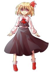 Rule 34 | 1girl, alphes (style), blonde hair, blouse, dairi, evil smile, fang, full body, parody, red eyes, ribbon, rumia, shaded face, shirt, short hair, skirt, smile, solo, style parody, touhou, transparent background, vest