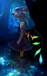 Rule 34 | 1girl, ascot, blonde hair, blue background, bow, crystal, flandre scarlet, forest, frilled skirt, frills, glowing, hat, hat ribbon, highres, jpeg artifacts, looking at viewer, mob cap, nature, puffy short sleeves, puffy sleeves, red bow, red eyes, red skirt, red vest, ribbon, short sleeves, side ponytail, skirt, smile, solo, standing, suisai (suisao), touhou, vest, wading, water, white hat, wings, yellow ascot
