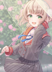 Rule 34 | 1girl, beret, blonde hair, blue ribbon, blunt bangs, blurry, blurry background, bush, buttons, cowlick, double-breasted, flower, green eyes, grey jacket, grey skirt, hair ornament, hand in own hair, hat, highres, holding, holding umbrella, indie virtual youtuber, jacket, long sleeves, looking at viewer, neck ribbon, okachi yuu, pink nails, pleated skirt, pom pom (clothes), pom pom hair ornament, rain, red hat, red sailor collar, red sleeves, ribbon, sailor collar, shigure ui (vtuber), shigure ui (vtuber) (1st costume), shirt, short hair, skirt, smile, solo, striped clothes, striped jacket, striped skirt, transparent, transparent umbrella, umbrella, vertical-striped clothes, vertical-striped jacket, vertical-striped skirt, virtual youtuber, water drop, white shirt