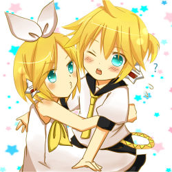 Rule 34 | 1boy, 1girl, ?, blonde hair, blush, brother and sister, eye contact, hair ornament, hetero, hug, imminent kiss, kagamine len, kagamine rin, looking at another, ms09, puckered lips, short hair, siblings, vocaloid, wince