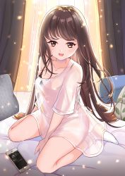 Rule 34 | 1girl, breasts, brown eyes, brown hair, cellphone, cleavage, curtains, fujishiro kokoa, full body, highres, indoors, long hair, looking at viewer, medium breasts, on bed, open mouth, original, phone, pillow, see-through, sitting, smartphone, smile, socks, solo, very long hair, wariza
