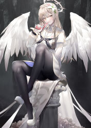 Rule 34 | 1girl, absurdres, angel wings, black neckerchief, black pantyhose, blue archive, commentary request, crossed bangs, dress, feathered wings, flower, full body, grey background, gun, hair between eyes, hair flower, hair ornament, halo, handgun, high heels, highres, holding, holding weapon, legs, light blush, light brown hair, long hair, long sleeves, lubikaya, nagisa (blue archive), neckerchief, pantyhose, parted lips, sailor collar, sitting, smile, solo, thighband pantyhose, trigger discipline, weapon, white dress, white flower, white footwear, white sailor collar, white wings, wings, yellow eyes