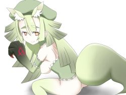 Rule 34 | 10s, 1girl, animal ears, artist request, bad id, bad pixiv id, blood, breasts, claws, eyebrows, gen&#039;ei wo kakeru taiyou, green hair, hat, long hair, looking at viewer, monster girl, nipples, red eyes, short eyebrows, simple background, solo, tail, tattoo, thick eyebrows, tsukuyomi luna, white background, wolf