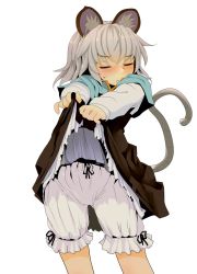 Rule 34 | 1girl, animal ears, bloomers, blush, closed eyes, clothes lift, cowboy shot, grey hair, highres, ishikkoro, mouse ears, mouse tail, nazrin, short hair, simple background, skirt, skirt lift, solo, tail, touhou, underwear, white background