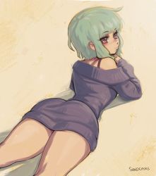 Rule 34 | 1girl, ass, bare legs, blunt bangs, blush, bra strap, commentary, dress, from behind, green hair, highres, kneepits, lamp (sandcasks), looking at viewer, looking back, lying, off-shoulder dress, off shoulder, on stomach, original, purple dress, red eyes, sandcasks, short hair, sidelocks, solo, sweater, sweater dress, symbol-only commentary, thighs