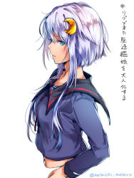 Rule 34 | 10s, 1girl, aged up, alternate breast size, crescent, crescent hair ornament, from side, hair ornament, kantai collection, long sleeves, looking at viewer, mataichi mataro, neckerchief, profile, purple eyes, purple hair, sailor collar, school uniform, serafuku, short hair with long locks, simple background, solo, twitter username, upper body, white background, yayoi (kancolle)