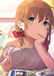 Rule 34 | 1girl, bare shoulders, barefoot, blush, book, brown hair, food, green eyes, legs up, lying, mouth hold, on stomach, original, pillow, pocky, short hair, short twintails, solo, the pose, tofu1601, twintails