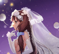 Rule 34 | 1girl, absurdres, bare shoulders, breasts, bridal veil, bride, brown eyes, brown hair, crying, dress, elbow gloves, fei zen qq, finger to own chin, flower, from side, gloves, hair flower, hair ornament, hand up, highres, lace, lace-trimmed gloves, lace trim, long hair, low tied hair, medium breasts, open mouth, original, profile, sideboob, sleeveless, sleeveless dress, solo, teardrop, tears, upper body, veil, wedding dress, white dress, white gloves