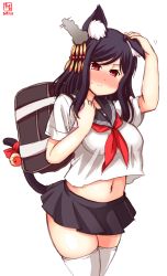 Rule 34 | 1girl, absurdres, alternate costume, animal ear fluff, animal ears, artist logo, azur lane, bag, black hair, black sailor collar, black skirt, blush, cat ears, cat tail, commentary request, cosplay, cowboy shot, dated, hair ornament, highres, historical name connection, kanon (kurogane knights), kantai collection, looking at viewer, name connection, navel, neckerchief, pleated skirt, red eyes, red neckerchief, sailor collar, school bag, school uniform, serafuku, shirt, short hair, short sleeves, simple background, skindentation, skirt, solo, standing, tail, thick thighs, thighhighs, thighs, white background, white shirt, white thighhighs, yamashiro (azur lane), yamashiro (azur lane) (cosplay), yamashiro (kancolle), yamashiro (street corner offensive!) (azur lane), yamashiro (summer offensive?) (azur lane)
