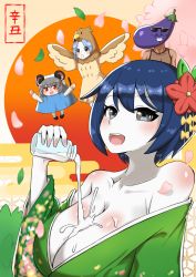 Rule 34 | 1boy, 3girls, absurdres, alternate costume, black eyes, blue hair, blush, body blush, bottle, breasts, cleavage, collarbone, colored skin, commentary request, cookie (touhou), egasumi, eggplant, flour (cookie), flower, full body, green kimono, hair between eyes, hair flower, hair ornament, hatsuyume, hawk costume, highres, holding, japanese clothes, kimono, kumoi ichirin, large breasts, leaf, long sleeves, looking at viewer, manatsu no yo no inmu, milk, milk (cookie), milk bottle, mount fuji, mouse girl, mouse tail, multiple girls, murasa minamitsu, nazrin, new year, nyon (cookie), off shoulder, open mouth, parted bangs, pouring, pouring onto self, red eyes, red flower, short hair, smile, sunglasses, tail, takuya (acceed), touhou, tsugumi amon, upper body, white skin, wide sleeves