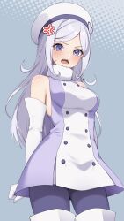 Rule 34 | 1girl, aila jyrkiainen, angry, bare shoulders, beret, blue eyes, blush, boots, breasts, campbell xx, dress, elbow gloves, fur trim, gloves, grey hair, gundam, gundam build fighters, hat, highres, long hair, looking at viewer, medium breasts, pantyhose, purple dress, purple eyes, sleeveless, sleeveless dress, smile, solo, thigh boots, thighhighs, white hair
