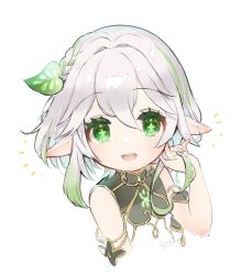 Rule 34 | 1girl, alternate hairstyle, artist name, cropped torso, cross-shaped pupils, dress, genshin impact, gold trim, gradient hair, green eyes, green hair, hair between eyes, hair ornament, hand in own hair, hand up, highres, leaf hair ornament, looking at viewer, multicolored hair, nahida (genshin impact), notice lines, open mouth, pointy ears, short hair, smile, solo, symbol-shaped pupils, toro astro, white background, white dress, white hair