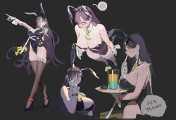 Rule 34 | 1girl, absurdres, animal ears, assault rifle, black background, black leotard, breasts, cup, detached collar, drinking glass, drinking straw, fake animal ears, food, from above, gun, hair over one eye, highleg, highres, holding, holding tray, huge breasts, leotard, long hair, original, pdman2, playboy bunny, purple hair, rabbit ears, rifle, sideboob, standing, strapless, strapless leotard, thighhighs, translation request, tray, very long hair, weapon, wrist cuffs