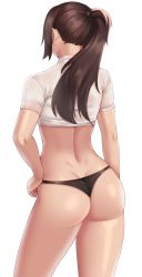 Rule 34 | 1girl, absurdres, ass, black panties, brown hair, butt crack, clyde s, commentary request, cowboy shot, crop top, facing away, from behind, hair tie, hand on own hip, highres, korean commentary, long hair, original, panties, ponytail, short sleeves, shorts, sidelocks, simple background, skindentation, solo, standing, thong, underwear, wedgie, white background, white shorts