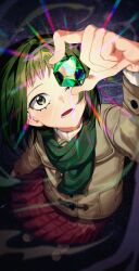 Rule 34 | 1didi11di, 1girl, absurdres, brown coat, coat, crystal, from above, gem, green eyes, green gemstone, green scarf, grey hair, highres, holding crystal, kurata tome, long sleeves, looking at object, looking at viewer, looking up, mob psycho 100, night, one eye covered, parted lips, pleated skirt, red skirt, scarf, shoes, short hair, skirt, smoke, solo, sparkle, standing, surprised, sweater, toggles, turtleneck, winter clothes