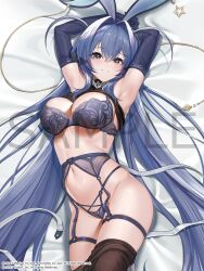 Rule 34 | 1girl, animal ears, artist request, azur lane, blue eyes, blue hair, breasts, cameltoe, dakimakura (medium), elbow gloves, english text, garter belt, garter straps, gloves, highres, large breasts, lingerie, looking at viewer, navel, new jersey (azur lane), official alternate costume, official art, pantyhose, partially undressed, rabbit ears, solo, underwear