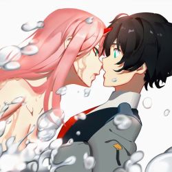 Rule 34 | 10s, 1boy, 1girl, aqua eyes, bad id, bad twitter id, black hair, breasts, bubble, cleavage, clothed male nude female, commentary, couple, darling in the franxx, eye contact, face-to-face, facing another, forehead-to-forehead, half-closed eyes, hbdkdmpsoohrywx, heads together, hetero, hiro (darling in the franxx), horns, imminent kiss, long hair, looking at another, medium breasts, military, military uniform, necktie, nude, oni horns, pink hair, red horns, red neckwear, see-through, short hair, splashing, topless male, uniform, water, wet, zero two (darling in the franxx)