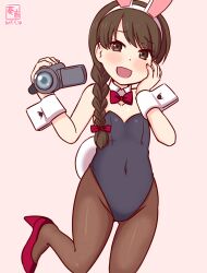 Rule 34 | 1girl, animal ears, artist logo, black leotard, blush, bow, bowtie, braid, brown eyes, brown hair, brown pantyhose, covered navel, detached collar, fake animal ears, flat chest, gradient background, hair over shoulder, hair ribbon, highleg, highleg leotard, kanon (kurogane knights), kantai collection, leotard, long hair, looking at viewer, one-hour drawing challenge, open mouth, pantyhose, pink background, playboy bunny, rabbit ears, rabbit tail, ribbon, single braid, smile, solo, strapless, strapless leotard, tail, traditional bowtie, uranami (kancolle), wrist cuffs