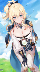 Rule 34 | 1girl, belt, blonde hair, blue eyes, blue sky, blush, breasts, capelet, cleavage, coattails, cross, cross earrings, dandelion, day, earrings, emyo, flower, gauntlets, genshin impact, grass, highres, jean (genshin impact), jewelry, large breasts, leaning forward, long hair, looking at viewer, multicolored capelet, pants, ponytail, sidelocks, sky, smile, solo, tight clothes, tight pants, white pants