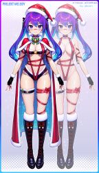 Rule 34 | 1girl, absurdres, bandaid, bandaid on face, bandaid on nose, bell, belt, bikini, black bikini, black choker, black footwear, black gloves, black nails, blue eyes, blue hair, boots, bow, bowtie, breasts, cape, choker, cleavage, clickdraws, closed mouth, cross-laced footwear, fingerless gloves, fishnet leotard, fishnet thighhighs, fishnets, frilled bikini, frills, full body, fur-trimmed cape, fur trim, gloves, gradient hair, hat, heart, heart choker, highres, knee boots, large breasts, long hair, looking at viewer, melody (projektmelody), multicolored hair, multiple views, nail polish, purple hair, red cape, red headwear, red ribbon, ribbon, santa costume, santa hat, sidelocks, smile, standing, swimsuit, thighhighs, thighs, twintails, two-tone hair, virtual youtuber, vshojo