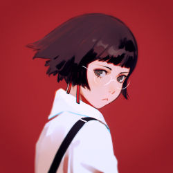 Rule 34 | 1girl, bespectacled, brown eyes, brown hair, closed mouth, commentary, glasses, ilya kuvshinov, looking at viewer, looking to the side, original, red background, shirt, simple background, solo, upper body, white shirt