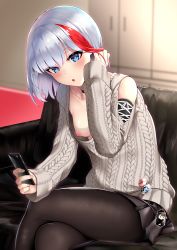 Rule 34 | 1girl, 3104 (3104milkshake), :o, admiral graf spee (azur lane), admiral graf spee (peaceful daily life) (azur lane), aran sweater, azur lane, bare shoulders, black choker, black pantyhose, black skirt, blue eyes, blush, breasts, cable knit, cellphone, choker, clothing cutout, collarbone, couch, crossed legs, deutschland (azur lane), grey sweater, tucking hair, highres, holding, holding phone, indoors, leaning forward, long sleeves, looking at viewer, medium breasts, miniskirt, multicolored hair, nail polish, nipple slip, nipples, no bra, one breast out, open mouth, pantyhose, phone, pin, pink nails, pleated skirt, red hair, short hair, shoulder cutout, silver hair, sitting, skirt, smartphone, solo, streaked hair, sweater
