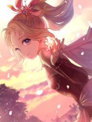 Rule 34 | 1girl, blonde hair, blue eyes, blurry, blurry background, closed mouth, detached sleeves, dutch angle, earrings, final fantasy, final fantasy vi, floating hair, hair intakes, jewelry, kiyuu, long hair, long sleeves, looking at viewer, nintendo, petals, ponytail, red sleeves, smile, solo, tina branford, upper body