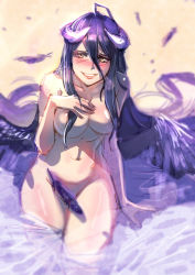Rule 34 | 1girl, albedo (overlord), blush, bow (bhp), breasts, convenient censoring, feathers, gradient background, grin, hand on own chest, highres, horns, large breasts, navel, nude, overlord (maruyama), smile, solo, thighs, wings, yellow eyes