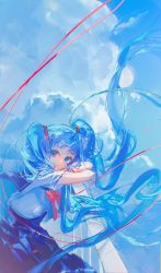 Rule 34 | 1girl, absurdly long hair, against railing, black skirt, blue eyes, blue hair, blue sky, bow, bowtie, cloud, commentary, covering own mouth, crossed arms, feet out of frame, hair ornament, hand over own mouth, hatsune miku, highres, kirrrara, long hair, looking at viewer, railing, red bow, red bowtie, red ribbon, ribbon, school uniform, shirt, short sleeves, skirt, sky, solo, twintails, very long hair, vocaloid, white shirt