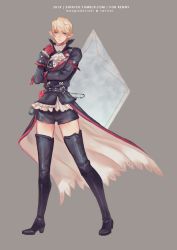 Rule 34 | 1girl, black thighhighs, blonde hair, blue eyes, boots, closed mouth, commission, crossed arms, elezen, elf, english text, final fantasy, final fantasy xiv, full body, gloves, high collar, high heel boots, high heels, looking at viewer, moogie (shinjyu), pointy ears, red gloves, short hair, shorts, solo, standing, thigh boots, thighhighs, twitter username, warrior of light (ff14)