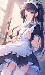 Rule 34 | 1girl, absurdres, apron, aris (blue archive), aris (maid) (blue archive), blue archive, blue eyes, child, highres, kuro futoshi, long hair, looking at viewer, maid, maid apron, open mouth, smile, solo, thighhighs, very long hair, white thighhighs