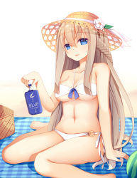 Rule 34 | 1girl, absurdres, arm support, bikini, blue eyes, braid, breasts, brown hair, flower, hat, hat flower, highres, jyt, lexington (warship girls r), long hair, looking at viewer, lotion, parted lips, sitting, solo, sun hat, sun lotion, sunscreen, swimsuit, very long hair, warship girls r, white bikini