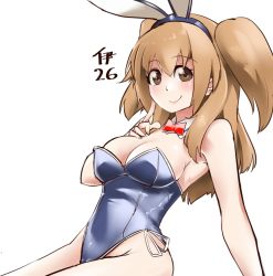 Rule 34 | 1girl, animal ears, bare legs, blue leotard, bow, bowtie, breasts, brown eyes, character name, cleavage, covered navel, detached collar, fake animal ears, finger to mouth, i-26 (kancolle), kantai collection, leotard, light brown hair, lips, long hair, looking at viewer, medium breasts, playboy bunny, rabbit ears, red ribbon, ribbon, simple background, sitting, smile, solo, strapless, strapless leotard, two side up, udukikosuke, white background, wrist cuffs