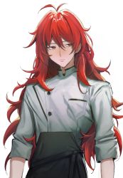 Rule 34 | 1boy, antenna hair, apron, black apron, breast pocket, buttons, chef, closed mouth, diluc (genshin impact), genshin impact, hair between eyes, highres, kyandii, long hair, long sleeves, looking at viewer, messy hair, pocket, red eyes, red hair, shiny clothes, simple background, solo, upper body, white background