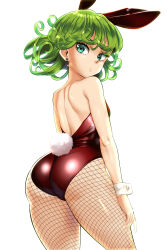 Rule 34 | 1girl, absurdres, animal ears, arms at sides, ass, corset, expressionless, fake animal ears, fishnet pantyhose, fishnets, from behind, green eyes, green hair, highres, huge ass, leotard, looking at viewer, one-punch man, pantyhose, playboy bunny, rabbit ears, red corset, shiny clothes, short hair, sleeveless, solo, tatsumaki, white background, white wrist cuffs, wide hips, wrist cuffs, zorzero