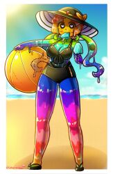 1girl ball beach beachball breasts food hat heart heart-shaped_pupils highres holding holding_ball holding_beachball holding_food holding_popsicle large_breasts monster_girl morbidlycrunchy multicolored_hair original popsicle rainbow rainbow_hair sandals slime_girl sun_hat swimsuit symbol-shaped_pupils tochi_(morbidlycrunchy) twintails