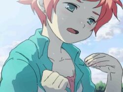 Rule 34 | 1girl, alternate costume, blue dress, commentary request, dress, earrings, green eyes, jewelry, kumatora, lowres, mother (game), mother 3, nintendo, open mouth, outdoors, pink eyebrows, pink hair, red shorts, senntakuya, shirt, short hair, shorts, solo