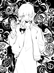 Rule 34 | 1girl, @ @, abstract background, bags under eyes, blunt bangs, bocchi the rock!, bow, braid, braided ponytail, carton, collarbone, commentary request, disembodied eye, distortion, dress, earrings, gezuhato, greyscale, grin, hair bow, hair over one eye, hair over shoulder, hand in pocket, hand tattoo, hand up, highres, hiroi kikuri, holding, jacket, jewelry, letterman jacket, long dress, long hair, long sleeves, looking at viewer, monochrome, open clothes, open jacket, sharp teeth, sidelocks, smile, solo, standing, stud earrings, tattoo, teeth