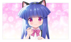 Rule 34 | 1girl, :3, animal ear fluff, animal ears, black hairband, blue hair, blunt bangs, blush, bow, cat ears, claw pose, closed mouth, collared shirt, commentary request, dress shirt, fake animal ears, fourth wall, furude rika, gaou (babel), hairband, hand up, higurashi no naku koro ni, long hair, looking at viewer, pink bow, red eyes, shirt, solo, suspenders, upper body, v-shaped eyebrows, white shirt