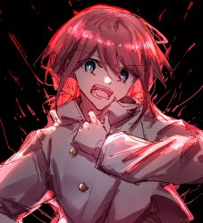 Rule 34 | 1girl, absurdres, black background, blue eyes, coat, girls band cry, grey coat, hand up, hibioes, highres, iseri nina, long sleeves, looking at viewer, open mouth, red hair, short twintails, shouting, solo, twintails, upper body