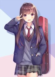 Rule 34 | 1girl, :d, bad id, bad pixiv id, black skirt, blazer, blue jacket, blue sweater, blush, brown eyes, brown hair, buttons, case, collarbone, collared shirt, commentary request, cowboy shot, hand in pocket, hand up, higeneko, jacket, long hair, long sleeves, looking at viewer, miniskirt, necktie, open clothes, open jacket, open mouth, original, plaid, plaid skirt, pleated skirt, red necktie, school uniform, shadow, shirt, sidelocks, skirt, sleeves past wrists, smile, solo, standing, strap, sweater, undershirt, v, white shirt