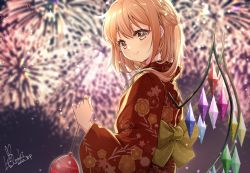 Rule 34 | 1girl, :&gt;, absurdres, aerial fireworks, alternate hairstyle, back bow, blurry, blurry background, blurry foreground, bokeh, bow, braid, breasts, brown eyes, dated, depth of field, festival, fireworks, flandre scarlet, floral print, french braid, from behind, hair over shoulder, haruki (colorful macaron), highres, holding, japanese clothes, kimono, light blush, looking back, medium hair, night, night sky, no headwear, obi, red kimono, sash, signature, sky, small breasts, smile, solo, touhou, wings
